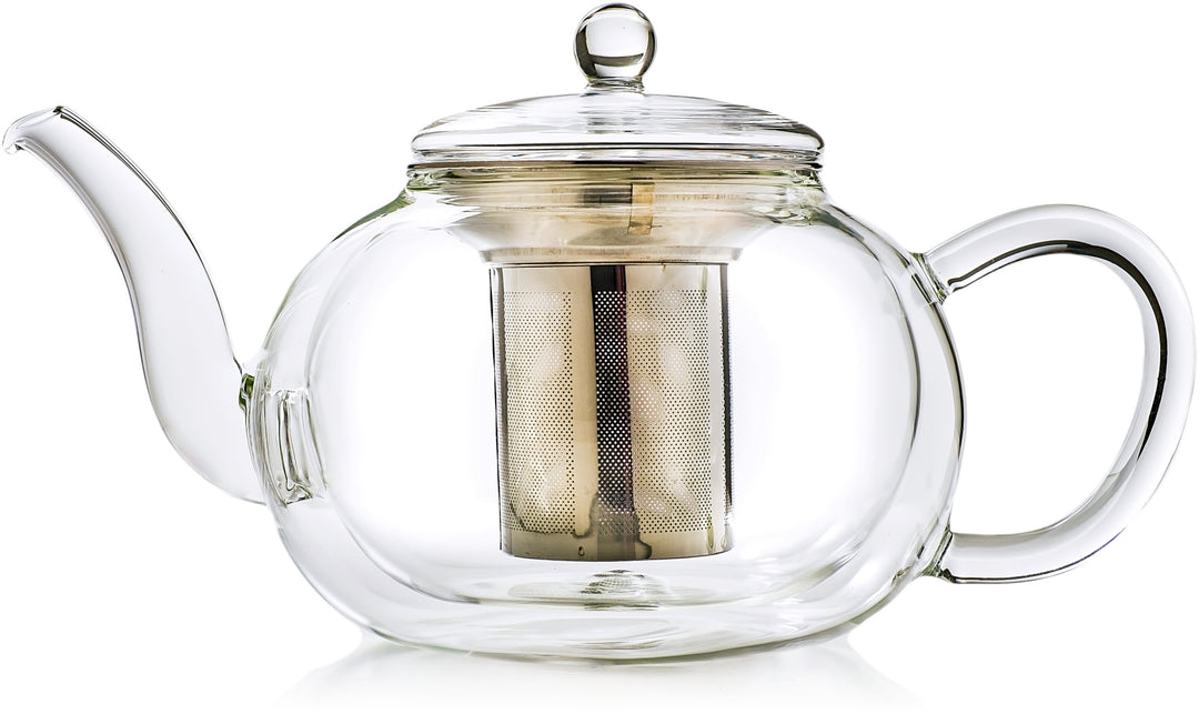 Doppelwandige Glas-Teekanne mit Edelstahlfilter "bauchig" 1,2 Liter