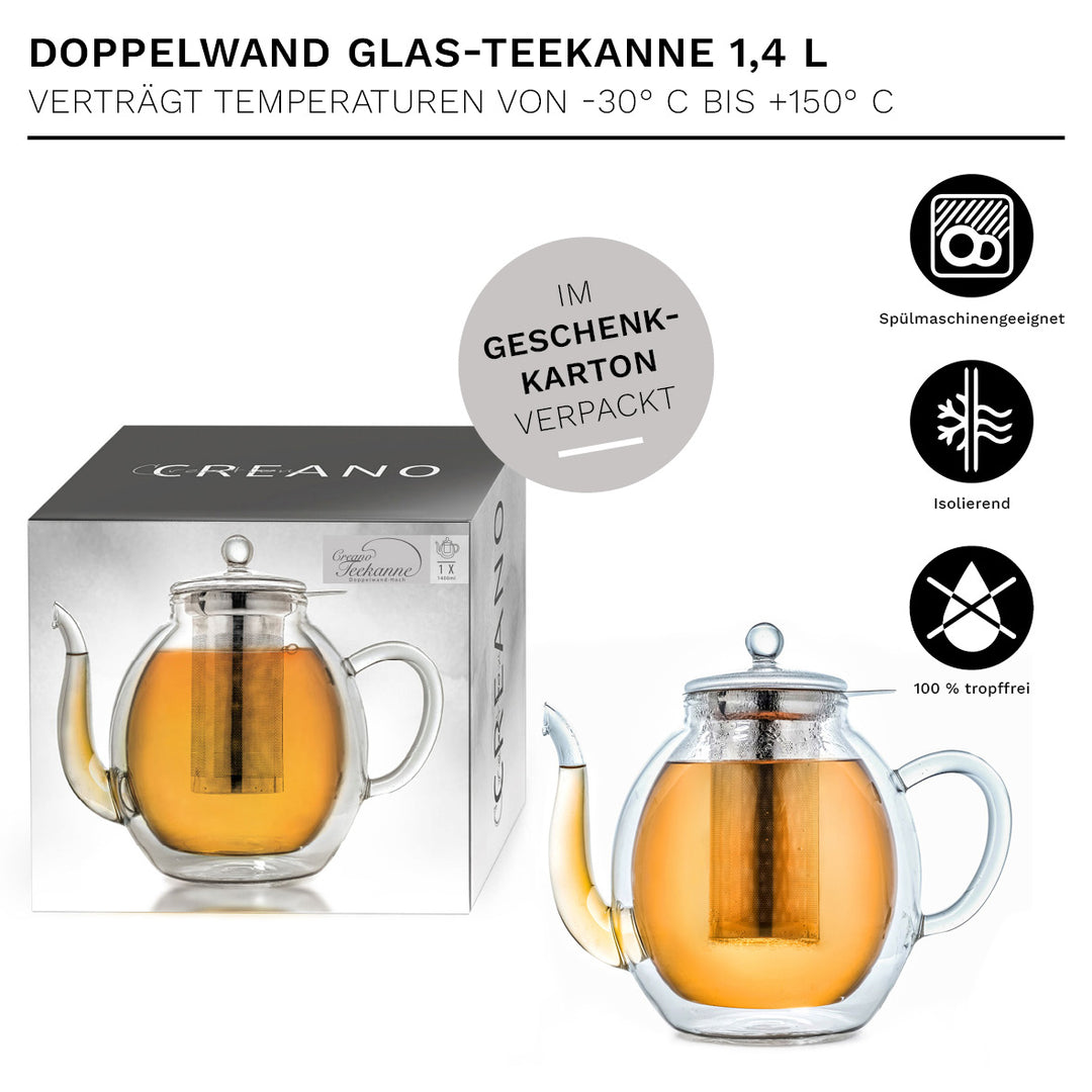 Doppelwandige Glas-Teekanne mit Edelstahlfilter "hoch" 1,4 Liter