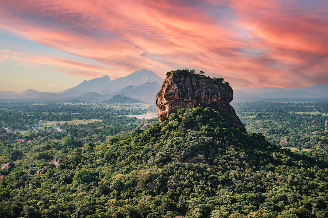 Spektakuläre Aussicht auf den Löwenfelsen umgeben von grüner Vegetation in Sigiriya, Sri Lanka.