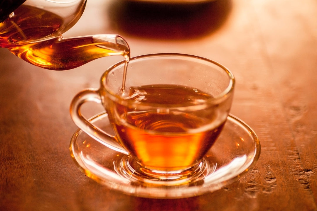 Glastasse gefüllt mit heißem Darjeeling Tee