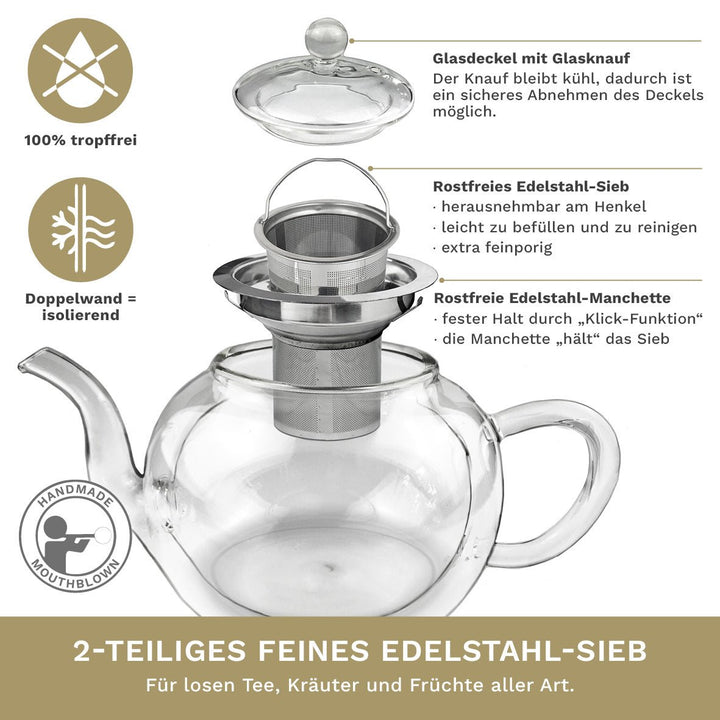 Doppelwandige Glas - Teekanne mit Edelstahlfilter "bauchig" 1,2 Liter